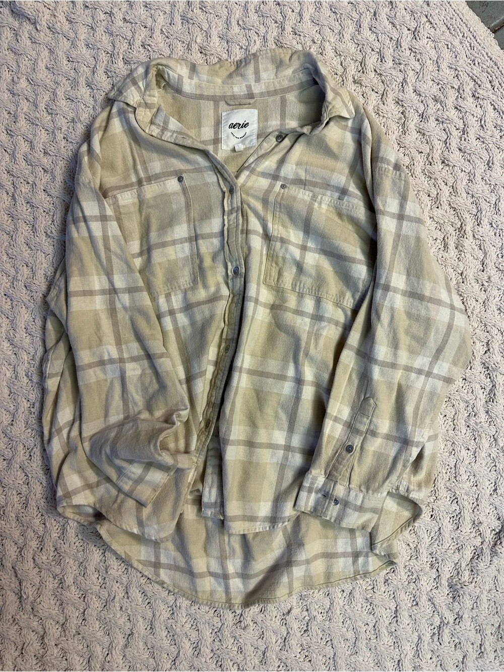 aerie Women's Beige Plaid Button-Up Shirt